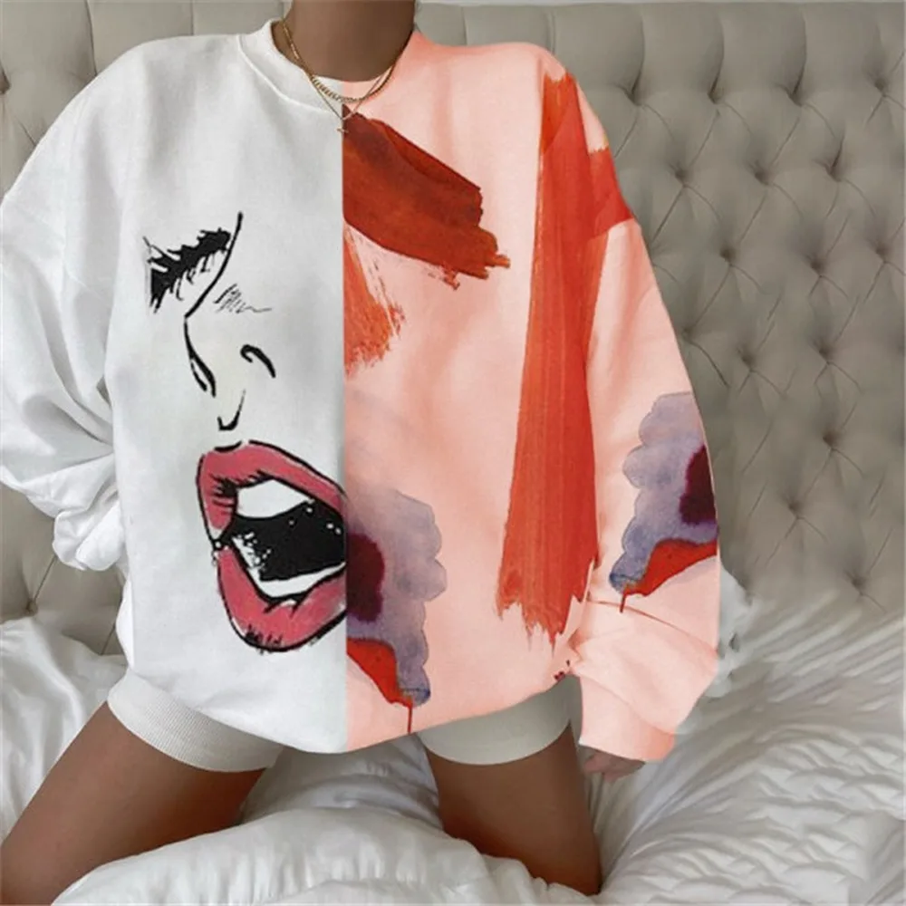 

Round Neck Pullover Women's HOODIES2020 New European Hipsters Graffiti Printing Polyester Streetwear Harajuku Sweatshirts Autumn