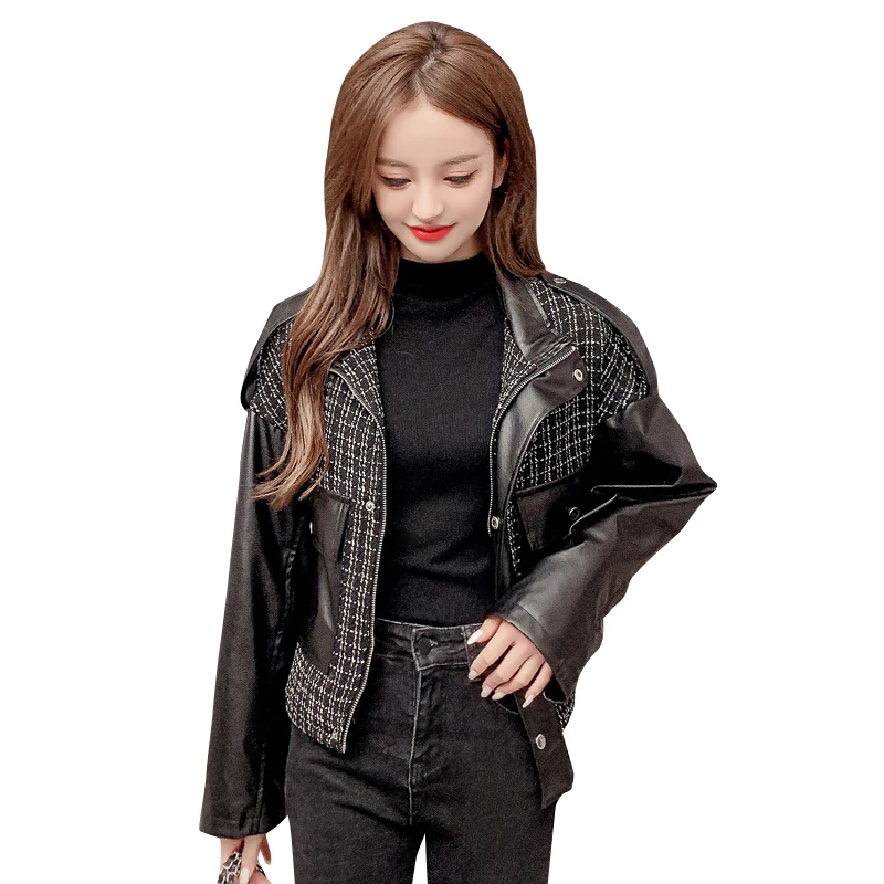 

Women Faux Leather Jacket Biker Plaid Splicing Coat Turndown Collar Pu Motorcycle Jackets Loose Punk Style Outerwear Lady