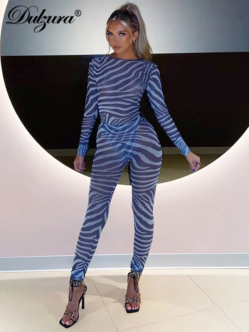 

Dulzura Zebra Print Women Mesh 2 Pieces Long Sleeve Bodysuit Leggings Set Tracksuit Streetwear Sexy See Through Sheer Outfit