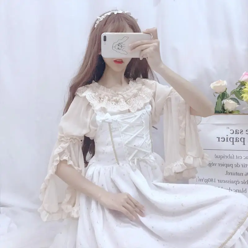 Милая рубашка в стиле аниме Kawaii Girl Sweet Lolita кружевная Лолита с вырезом лодочкой и