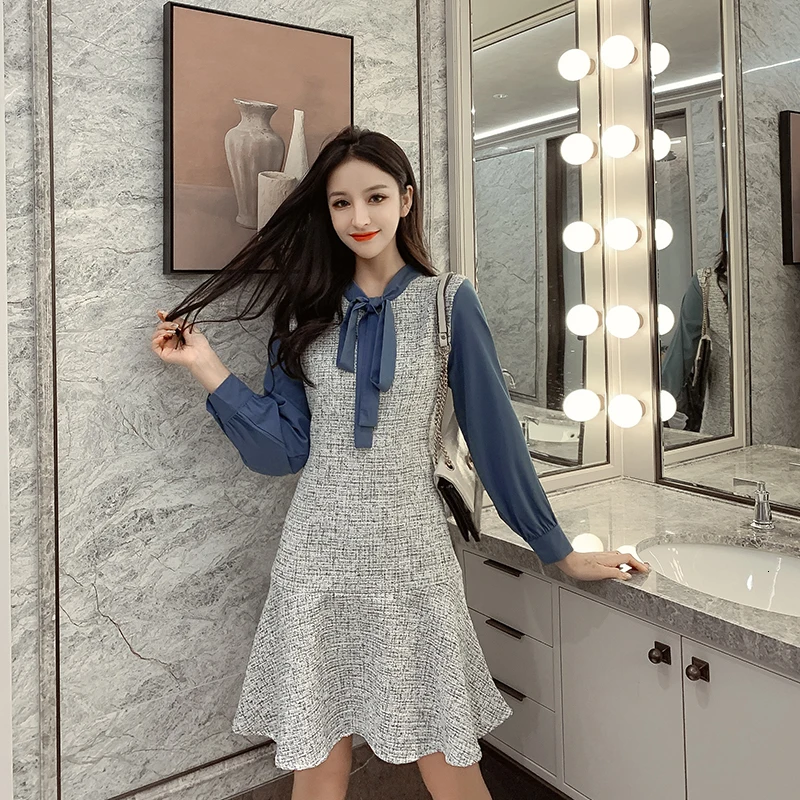 Женское короткое платье с длинным рукавом винтажное Элегантное повседневное