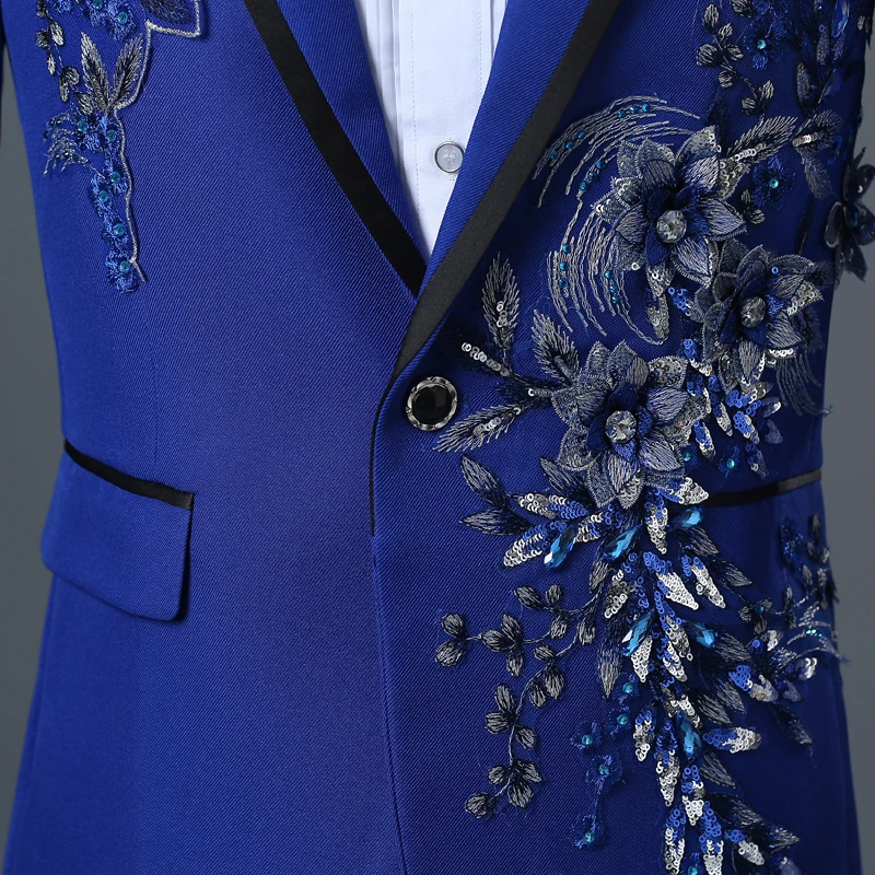 

PYJTRL Male Double-side 3D Crystal Embroidery Flowers Stage Singer Nightclub Suit Jacket Tide Bar Mens Wedding Blazer Masculino
