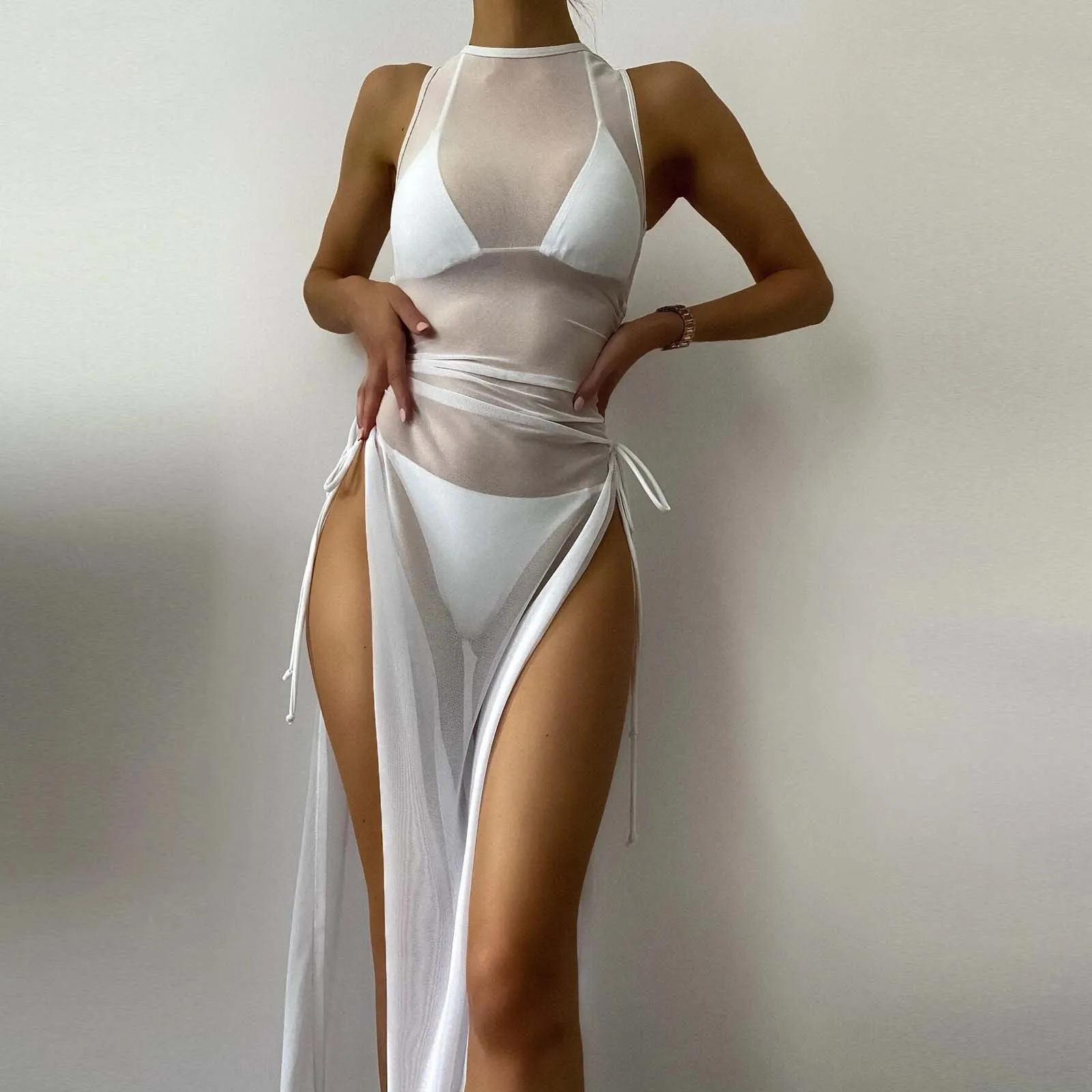 

Pure Color Mesh Three-piece Lace Up Bikini Set Swimwear Drawstring Women Split Body Fresh Sexy Bikini Swimwear Maillot De Bain