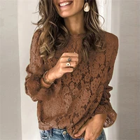 2021 autumn o neck floral lace shirt female elegant flare long sleeve blouse shirts sexy women hollow out mesh blusa tops xxxl