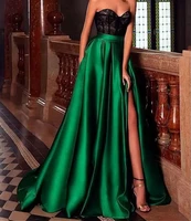 emerald green prom gown formal lace top arabic sexy split evening dress sweetheart sleeveless satin custom made robes de soir%c3%a9e