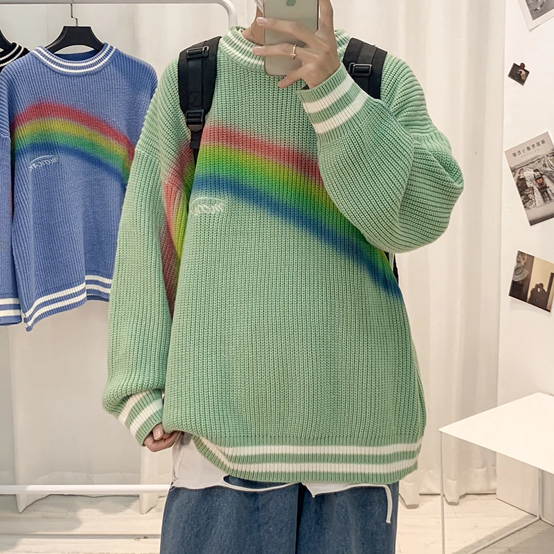 

Свитер мужской с радужным принтом, свободный трикотажный пуловер оверсайз в стиле Харадзюку, с круглым вырезом, черный/белый/зеленый, Осень-...