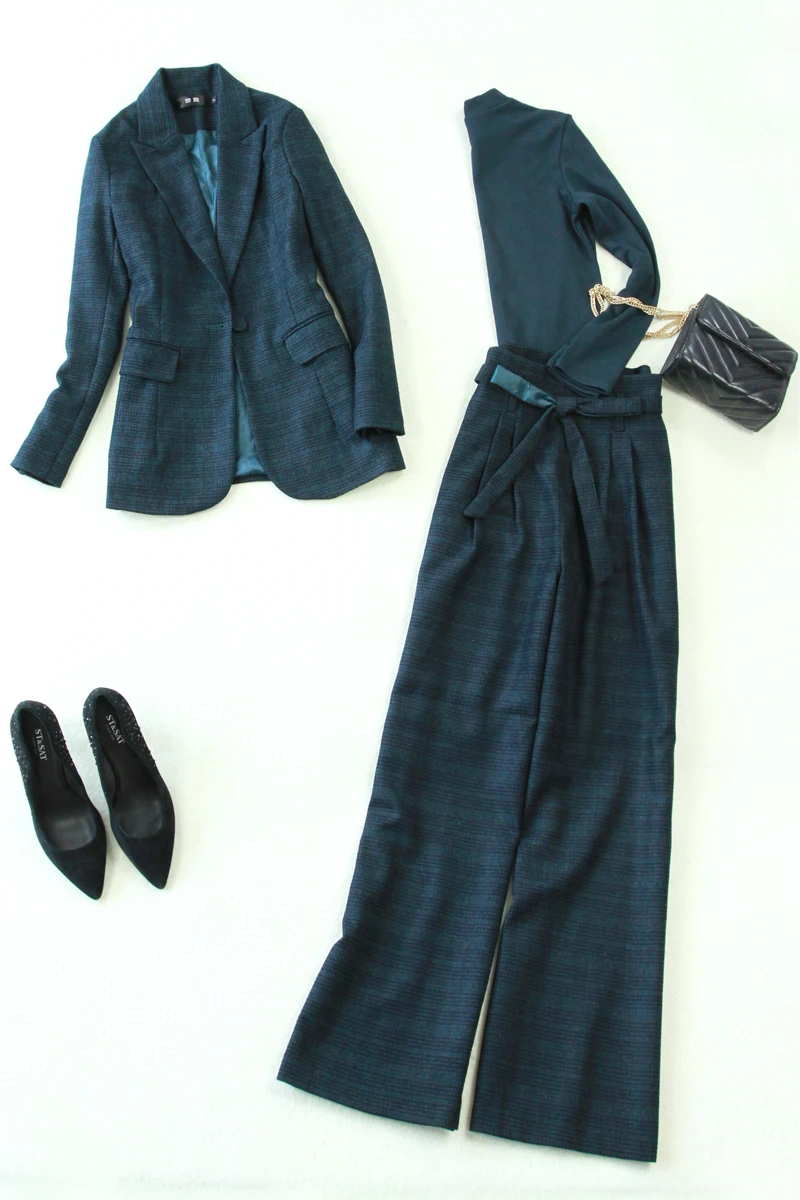 New Women Clothes Large Size Women's Green Slim Long Section Suit High Waist Wide Leg Pants Thick Three-piece |