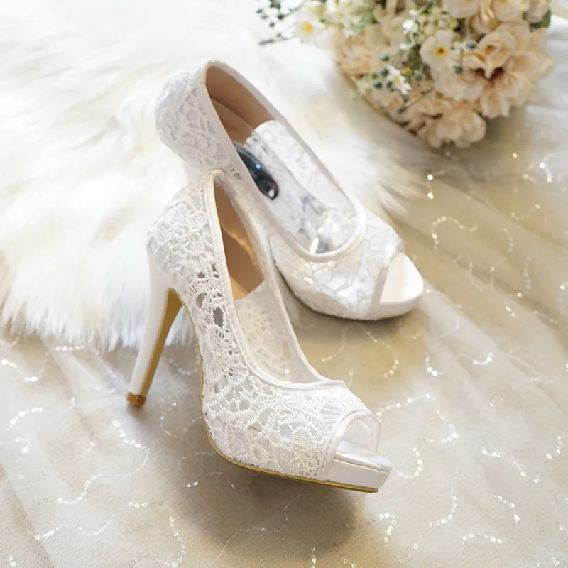 2021 New White Lace Wedding Shoes Water Table Fish Mouth High Heels Wedding Dress Shoes Large Size Women's Single Shoes 42 43