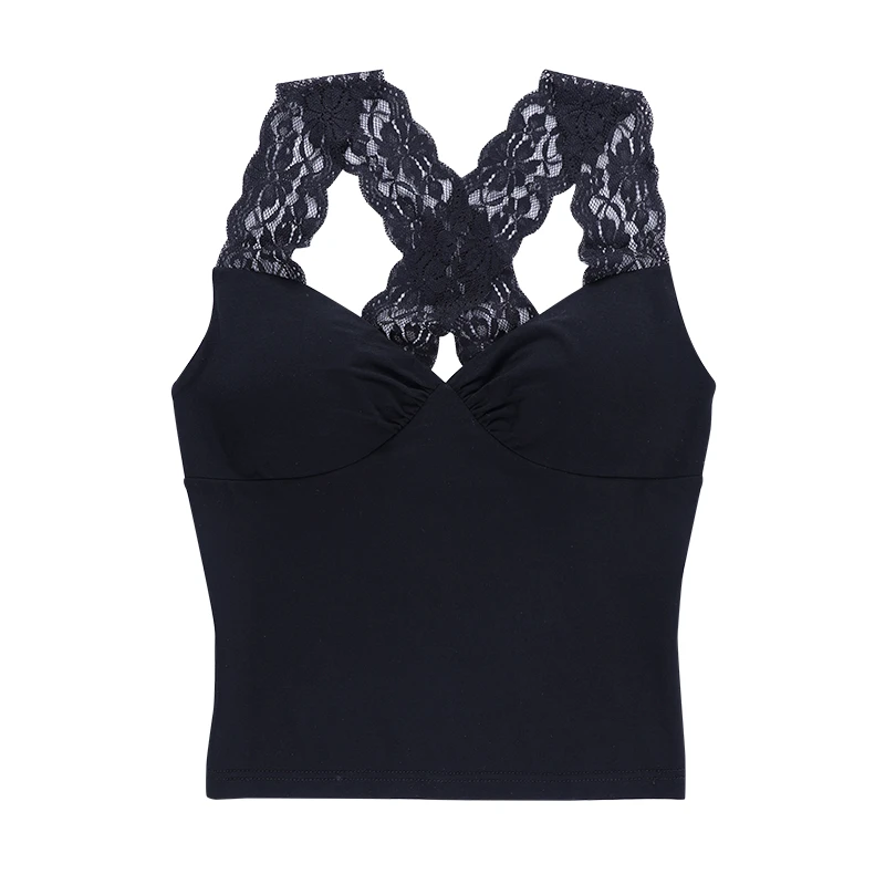 

Sexy Deep V Neck Lace Strap Padded Bustier Tank Top for Women Kawaii Girls Black Back Cross Summer Egirl Crop Tank Tops