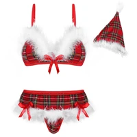 ladies schoolgirl plaid christmas lingerie set adjustable strap feather trimming bra tops with g string hat for honeymoon night