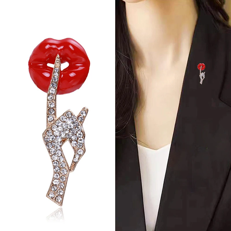 

Rhinestone Hand Enamel Lip Brooches Women Sexy Secret Pose Party Office Casual Brooch Pins Gifts