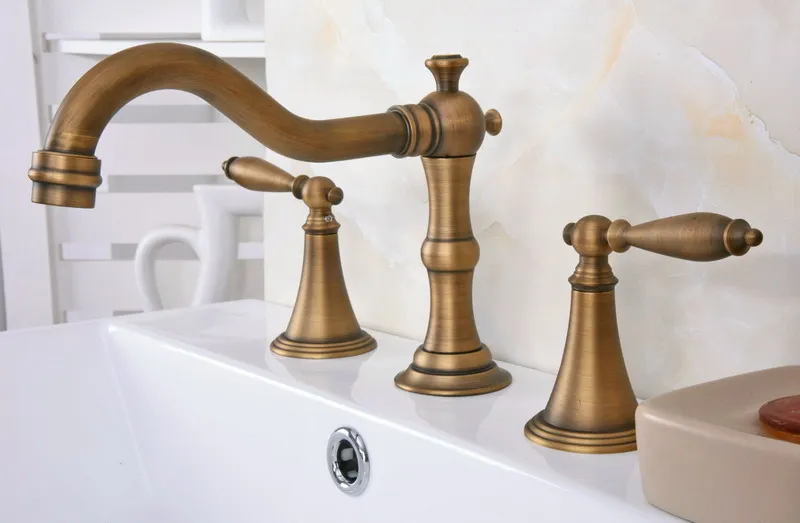 Винтажный античный латунный смеситель с двумя ручками man087 для раковины 3