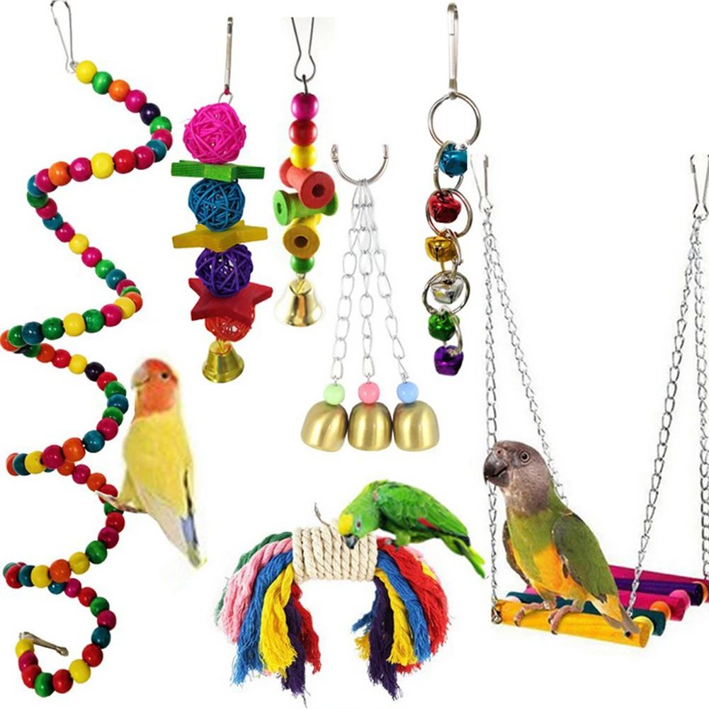 

7pcs Parrot Chewing Hanging Hammock Toy Set Funny Pet Bird Swing Rattan Ball Rope Cotton Parakeet Cage Perch Training Accessorie