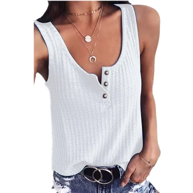 

U-neck Sexy Vest Women Solid Color Sleeveless Vest T-shirt Summer Ladies Tank Casual Button Cotton Knitting Pullover Tops Shirt
