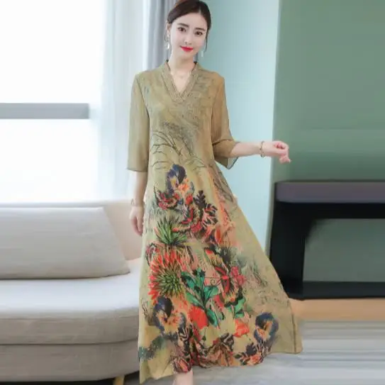 Новинка женские шелковые шифоновые ретро платья осенние свободные в китайском