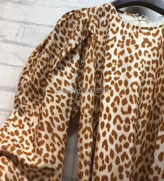 

2021 Rosario Mustard Yellow Leopard Print Silk Mini Dress Round Neck Shoulder PUFF Long Sleeves Waist bow Belt Tied SHORT DRESS