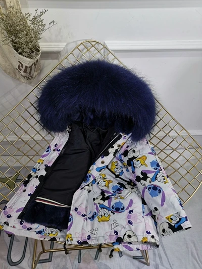 Micky Dark Blue Детская зимняя куртка с отделкой из меха, пальто для мальчиков и девочек утепленное пальто из меха кролика с граффити, Детская меховая куртка для девочек, TZ147 - Цвет: Micky Dark Blue