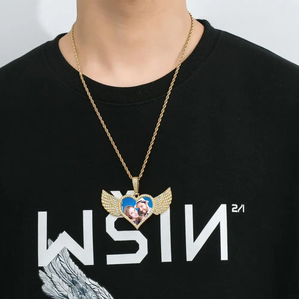 

Made Photo Custom Angel Wings Heart Classic Necklace Pendant Fashion personality Necklace For Men Women Hip hop Jewelry Gift