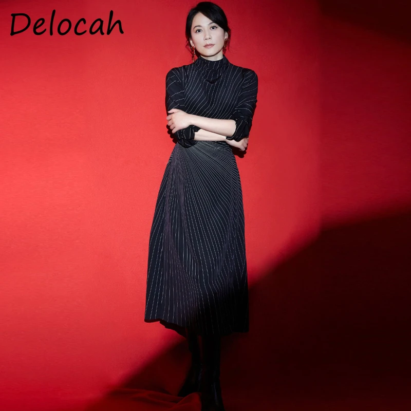 

Delocah/Новинка 2021 года; Сезон осень; Женские модные дизайнерские вечерние платья трапециевидной формы с рукавами-фонариками и поясом; Женские ...