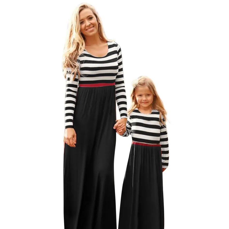Платье для мамы и дочки повседневное зимнее платье в полоску с длинными рукавами