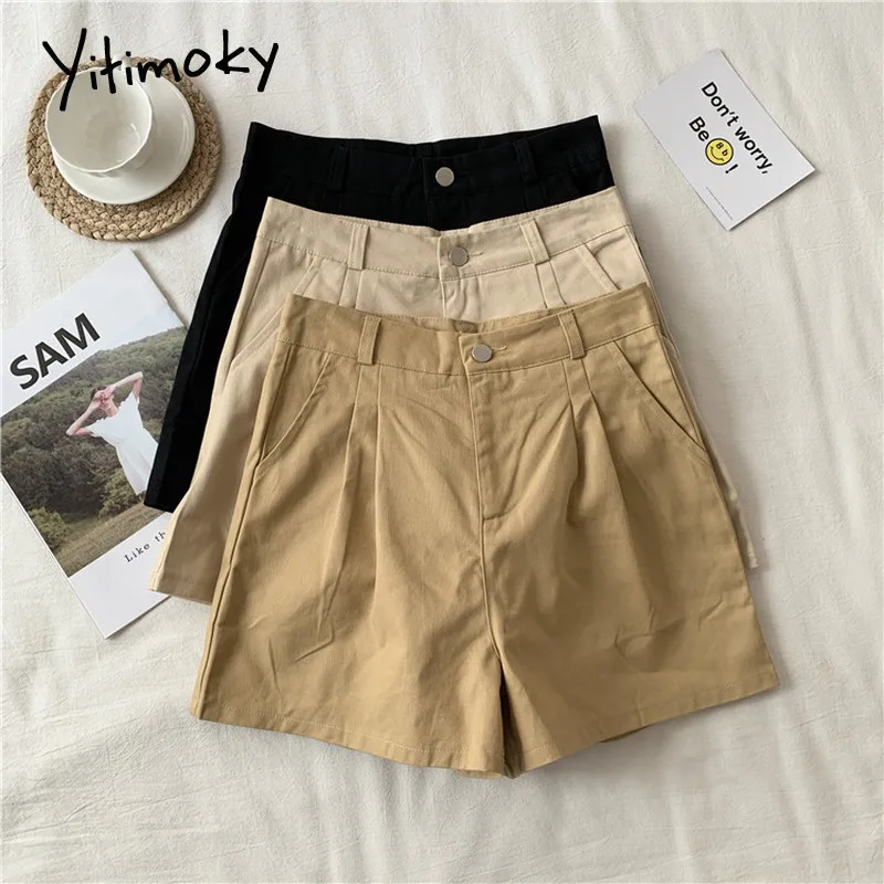 Шорты женские с завышенной талией и ремнем цвета хаки бежевые черные | Женская