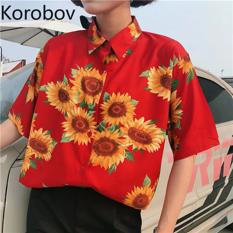 Korobov, женские рубашки, Ретро стиль, цветочный принт, женская блузка, летняя Новинка, рубашки Harajuku, повседневные, короткий рукав, Mujer Blusas 77286