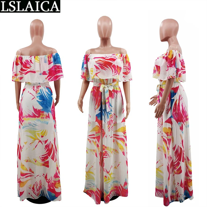 

Night Dress Women Chiffon Casual Printed Off-the-shoulder Dresses Elegant Fashion Floor-Length Strappy Robe Longue Femme Summer