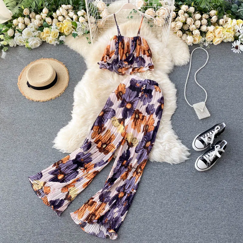 

2021 Summer Two Piece Set Women Chiffon Floral Print Sexy Spaghetti Strap Short Crop Top Casual Loose Wide Leg Pants Female Suit