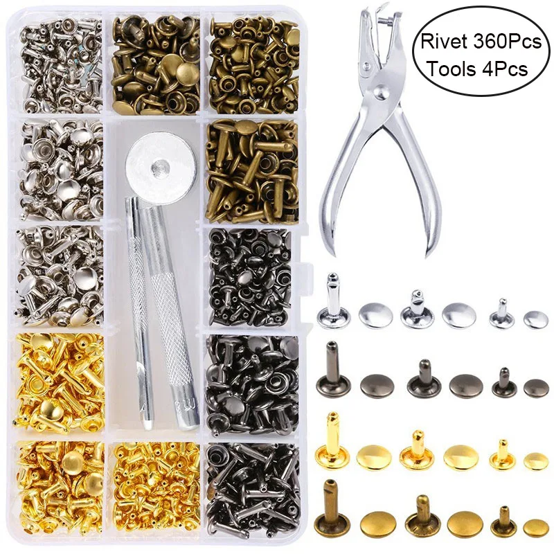 

360Pcs 3 Size 6x8mm 8x8mm 8x12mm Nail Rivet Tool Kit Handmade Craft For Clothing Shoes Belt Hat DIY Decoration Rivets 4 Colors