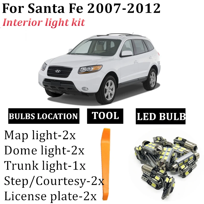 

11x Car LED Interior Lights Kit For 2007 2008 2009 2010 2011 2012 Hyundai Santa Fe Map Dome Trunk License Lamp accessories