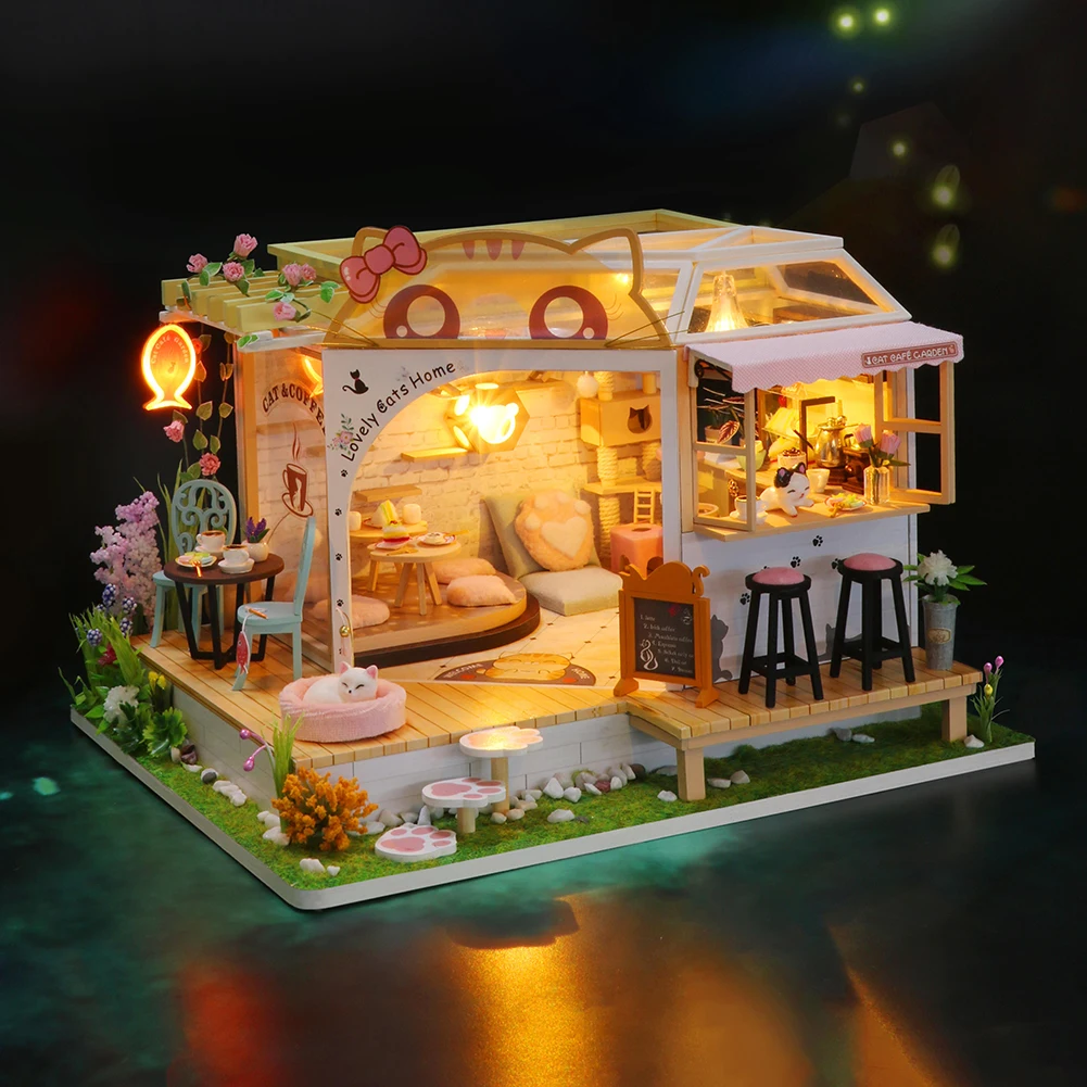 

DIY Dollhouse Leisure Cat Coffee Back Garden Hut Creative Handmade Dollhouse With Light Wooden Assembled Doll House Kids Gifts