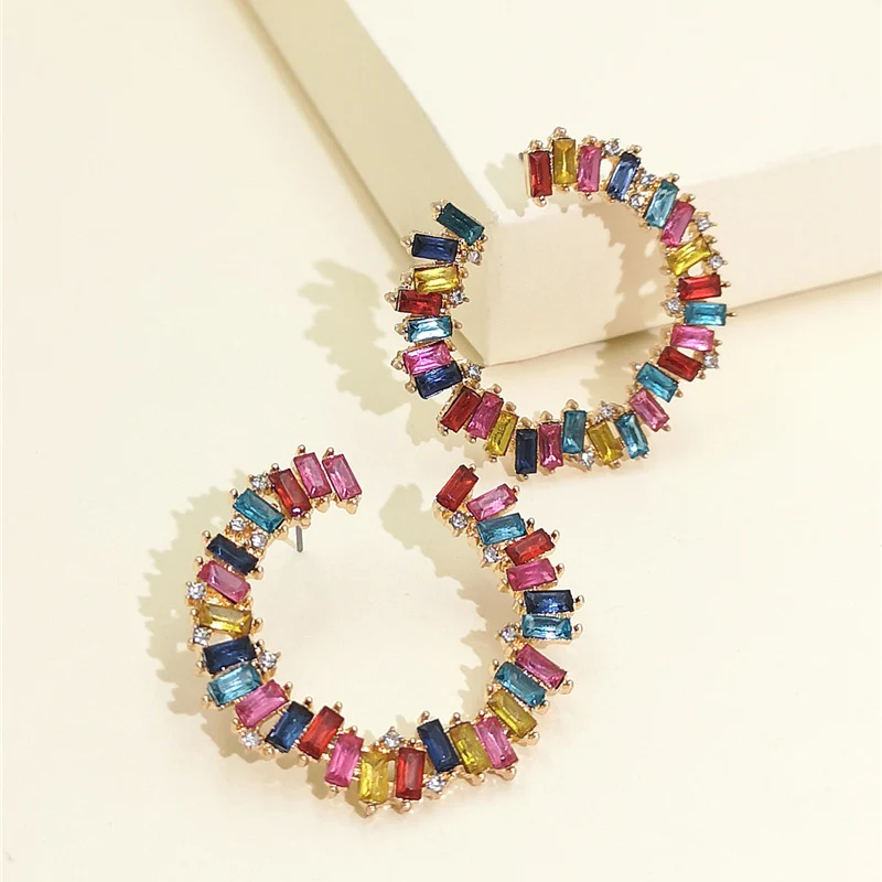 

Wholesale JUJIA Fashion Luxury Bohemian Colorful Glass Earring Jewelry Rainbow Multi Color Rhinestone Stud Earrings For Women