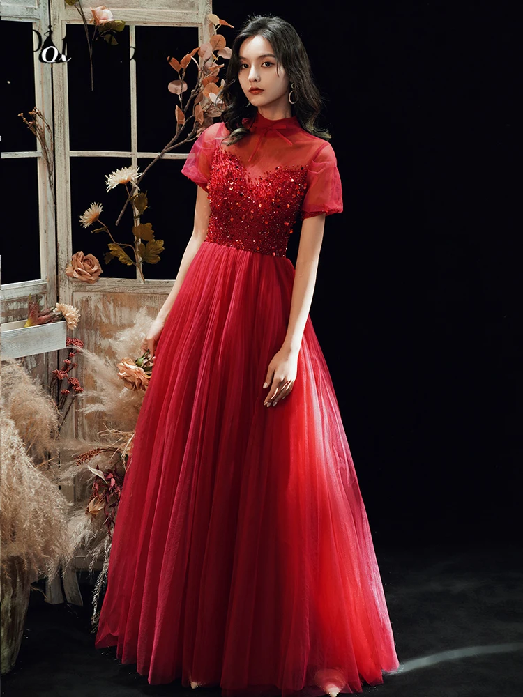 

Vintage Wine Red Evening Dresses Long Elegant A-line Floor-length Luxury Handmade Sequin Beads Prom Gowns 2021