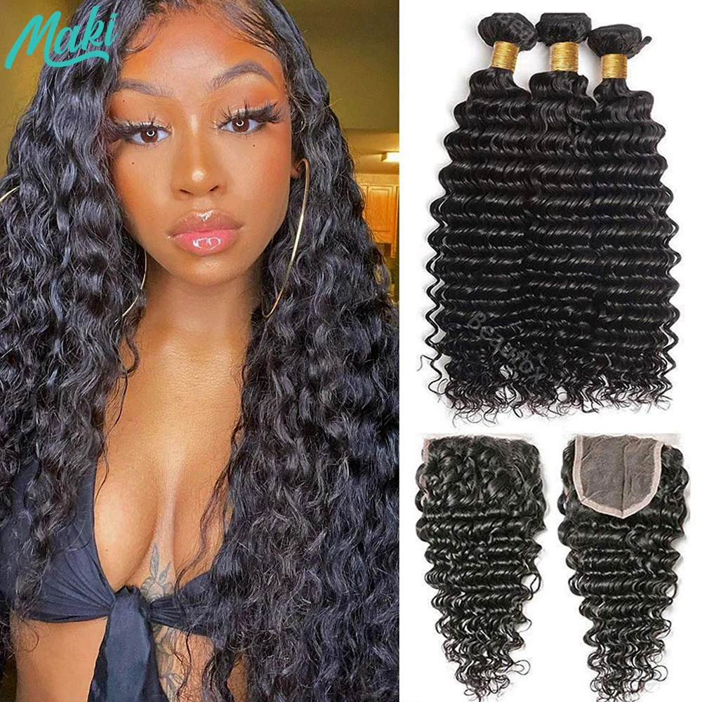 Deep Wave Bundles with Closure Brazilian Weaving 3 Bundles with Lace Closure Curly Human Hair Bundles Remy Hair Extension 4x4