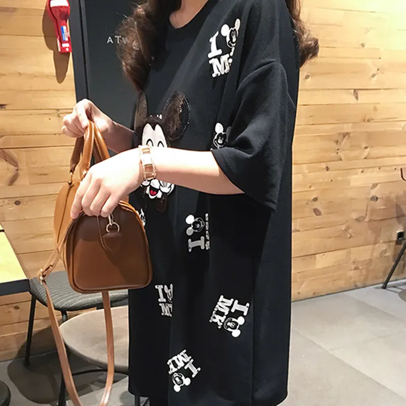 XL-5XL, подиумная футболка, платье, sequines, футболка, повседневная, с мультяшным принтом, женская футболка, топы, большие размеры, Черная Футболка, большой размер