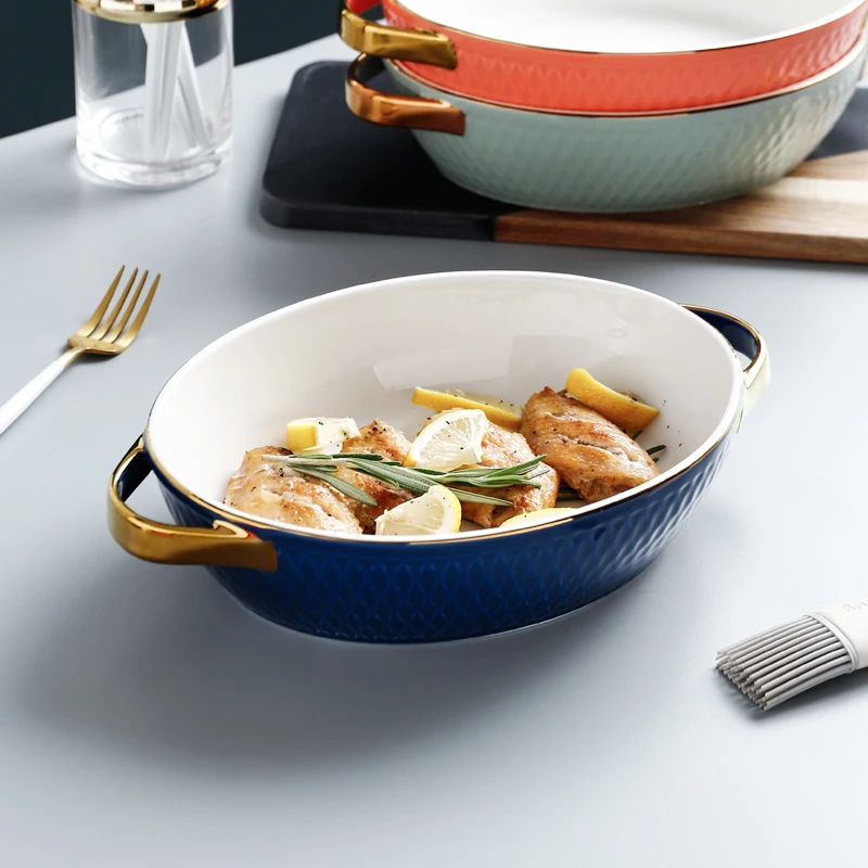 

Nordic Ceramic Tableware Small Luxury Golden Edge Baking Pan Microwave Oven Baked Rice Bowl Cheese Pasta Plate Dish Plate