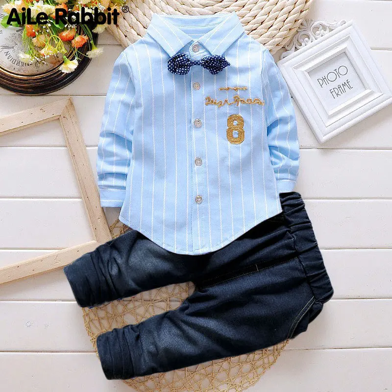 Boys Clothes Suit Number 8 Long Sleeve Shirt Jeans 2-piece Set Striped Top Pants Children's Clothing Set For Baby 2-5 Years
