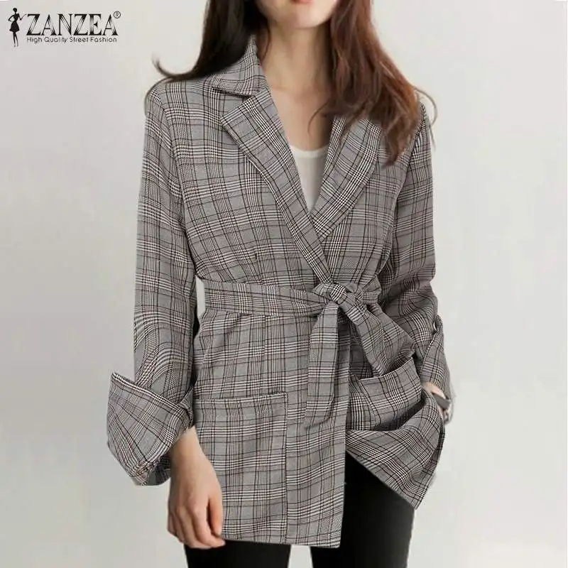 

ZANZEA Eleagnt Checked Print Jackets Autumn Plaid Blazer Women Casual Long Sleeve Lapel Coat Female Grid Belted Office OL Suits