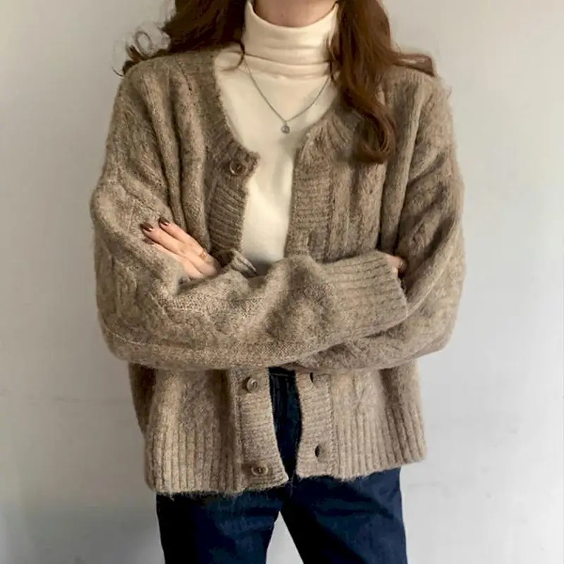 

Cardigan Knit Sweater Long-sleeved O-neck Long-sleeved Women Spring Autumn Y2k Loose Casual Grunge Elegant Chic Female Clothes