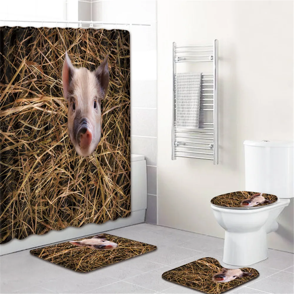

3D Cute Dog Bathroom Set with Shower Curtain Bath Mat Set 4pcs/set Flannel Non-slip Toilet Mat Rug Bathroom Accosories Set