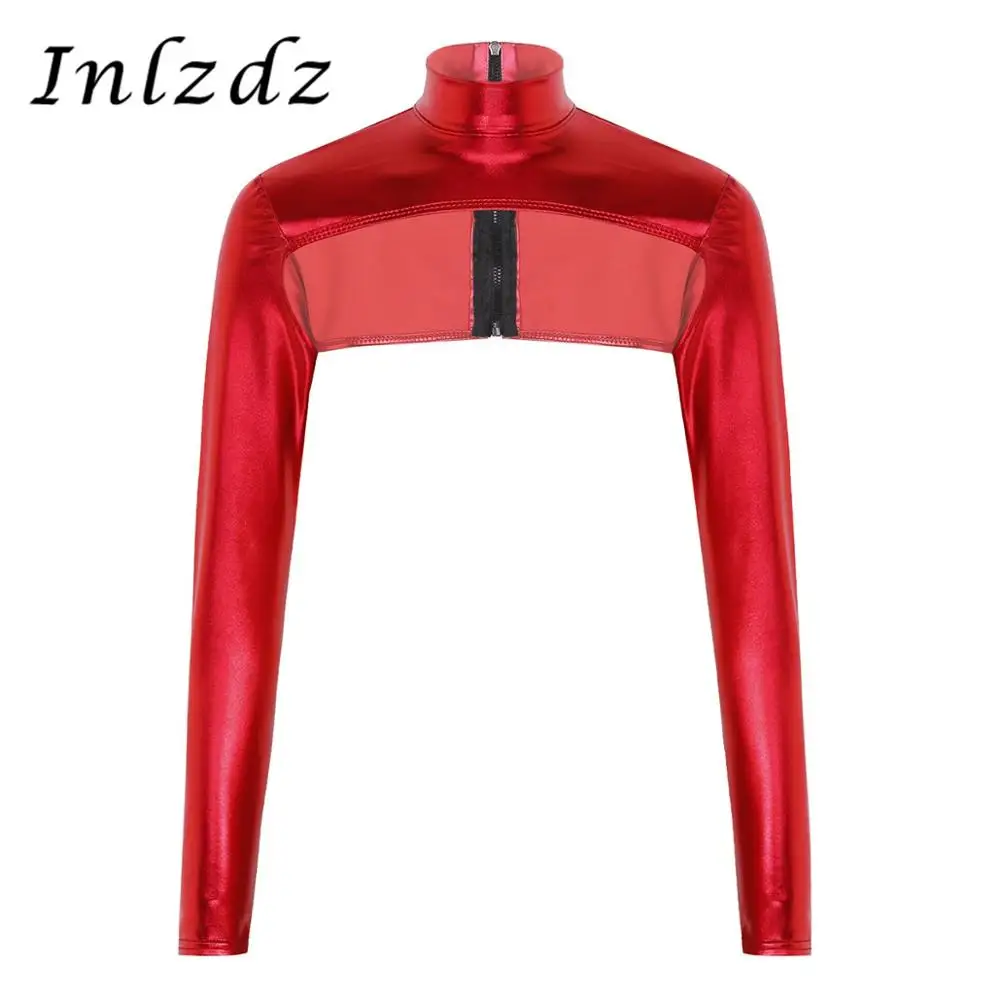 

Women Shiny Rave Clothes Pole Dance Crop Top Metallic High Neck Zip Up Form Fitting Shrugs Shirts Rave Clothing Blouses Crop Top