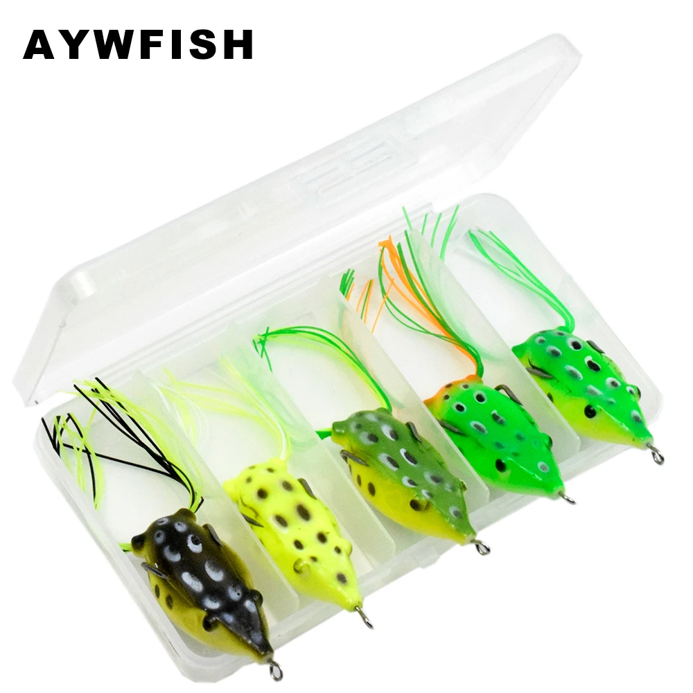 

AYWFISH Set Lure 5PCS A LOT 55mm 12g Lifelike Painting Silicone Topwater Tackle Double Propeller Frog Soft Bait For Bass Fishing