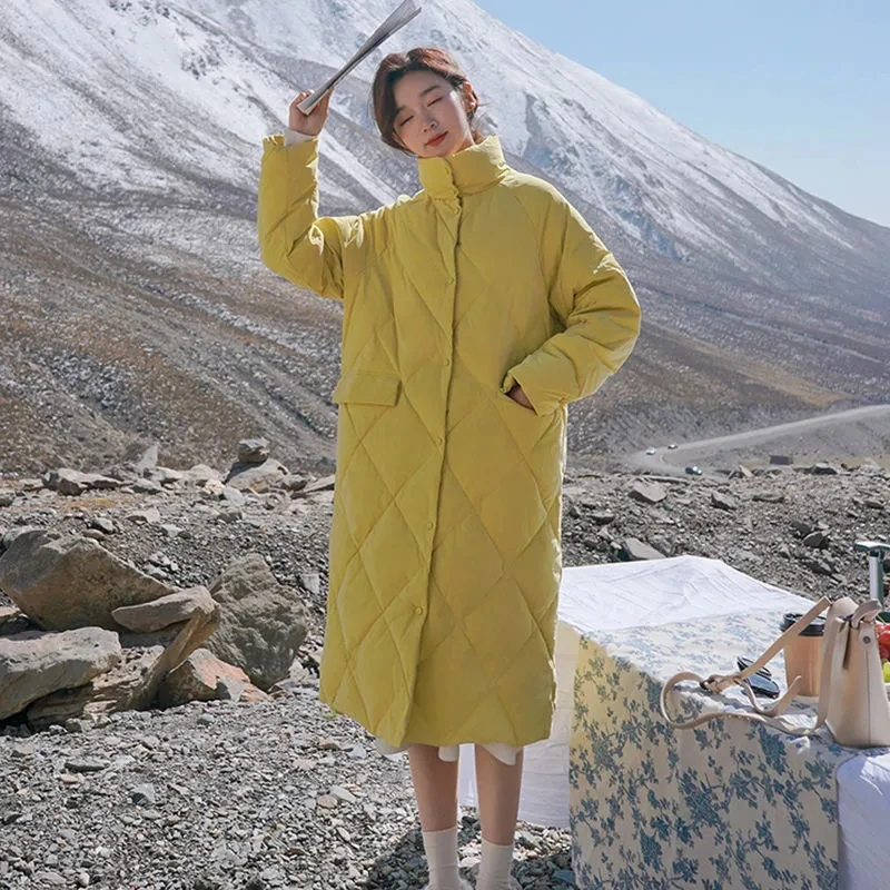 Женский длинный пуховик с воротником-стойкой однотонное теплое пальто из хлопка