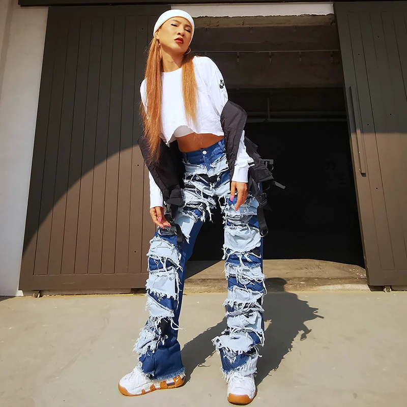 

TWOTWINSTYLE Patchwork Tassel Hit Color Jeans For Women High Waist Wide Leg Streetwear Casual Jeans Female Fashion New Stylish
