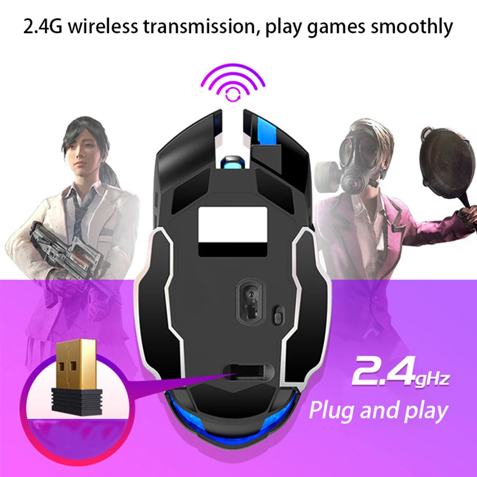 

2.4G Rechargeable Silent Wireless Mouse 1600DPI 6Keys Adjustable Blacklit Gaming Mice For Computer PC Home Office Gamer