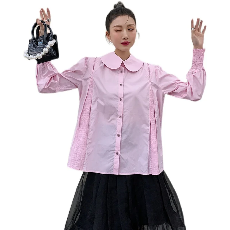 

Kimotimo Pink Loose Shirts Women Summer Vintage All-match Peter Pan Collar Tops Korean Fashion Sweet Design Long Sleeve Blouses