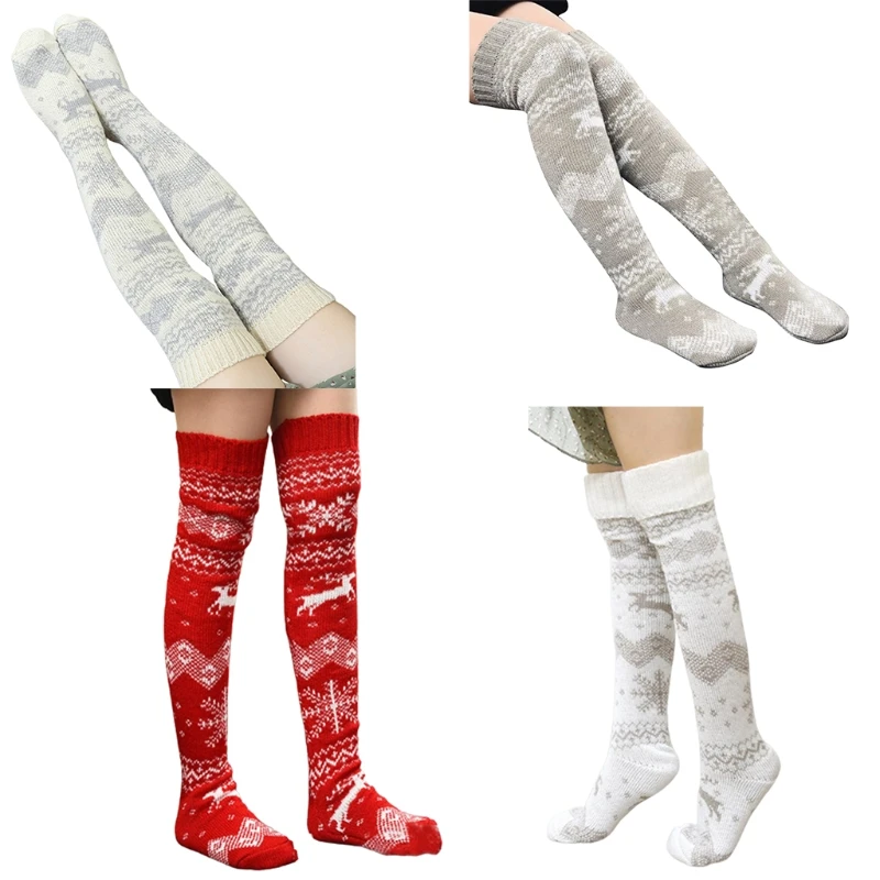 

MXMA Women Winter Chunky Knit Extra Long Boot Socks Christmas Elk Snowflake Patterns Warm Over Knee Thigh High Stockings