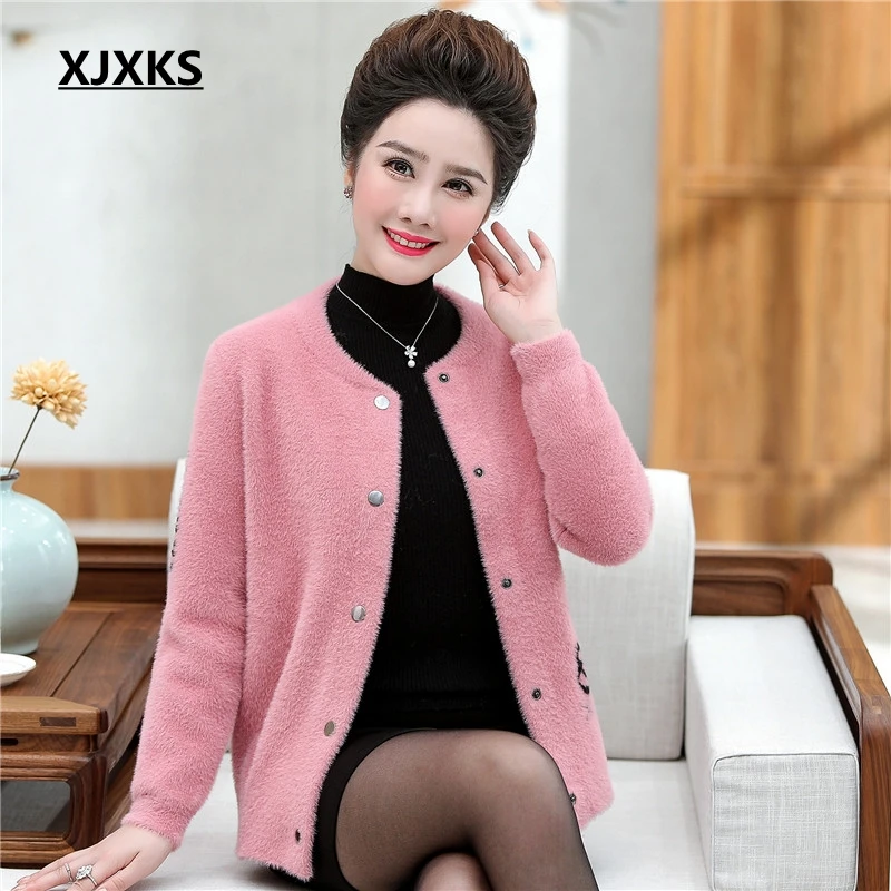 XJXKS Sueter Mujer Invierno плюс размер кардиган Повседневный круглый вырез длинный рукав однобортный пушистый женский свитер пальто - Цвет: Розовый