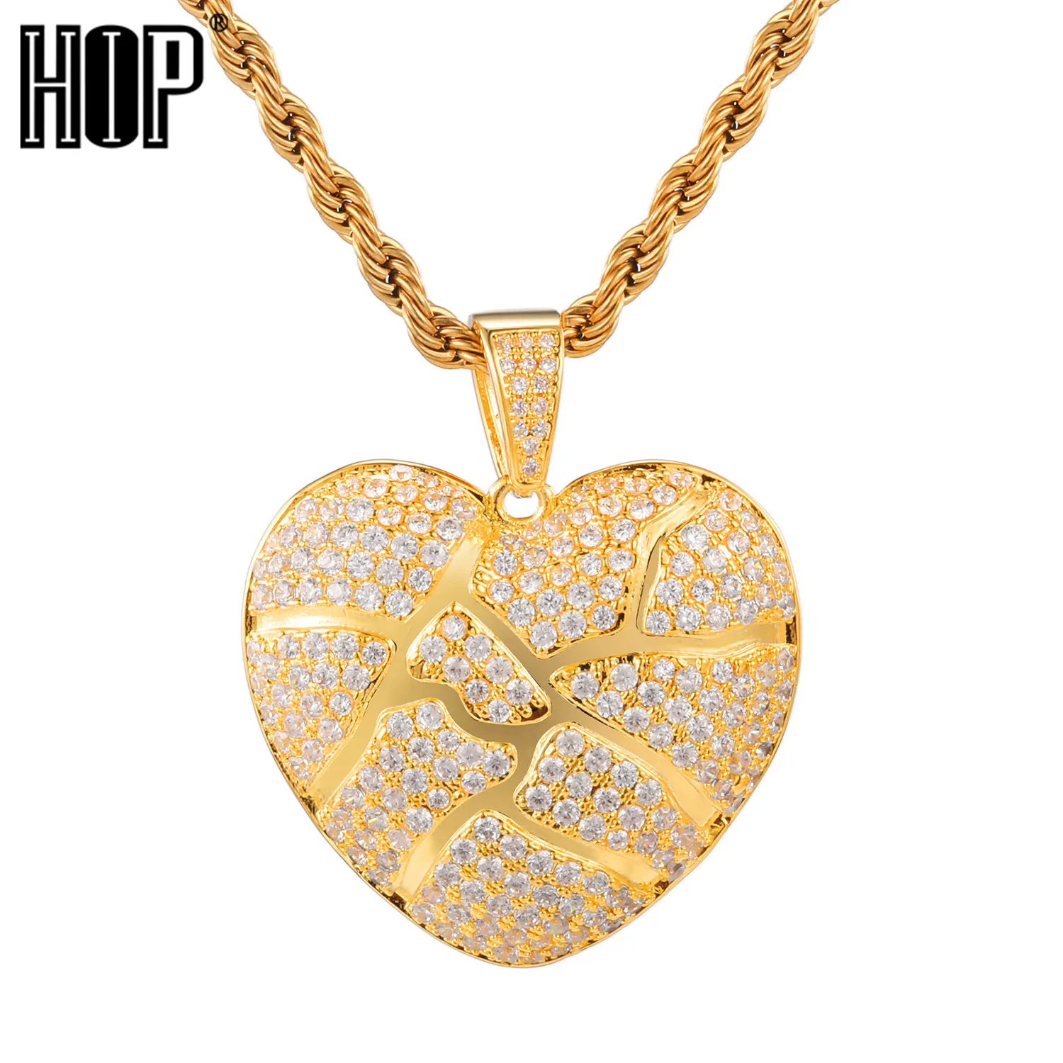 

Broken Heart Pendant With Tennis Chain Gold Charm Bling Cubic Zircon Men's Hip hop Necklace Rock Jewelry