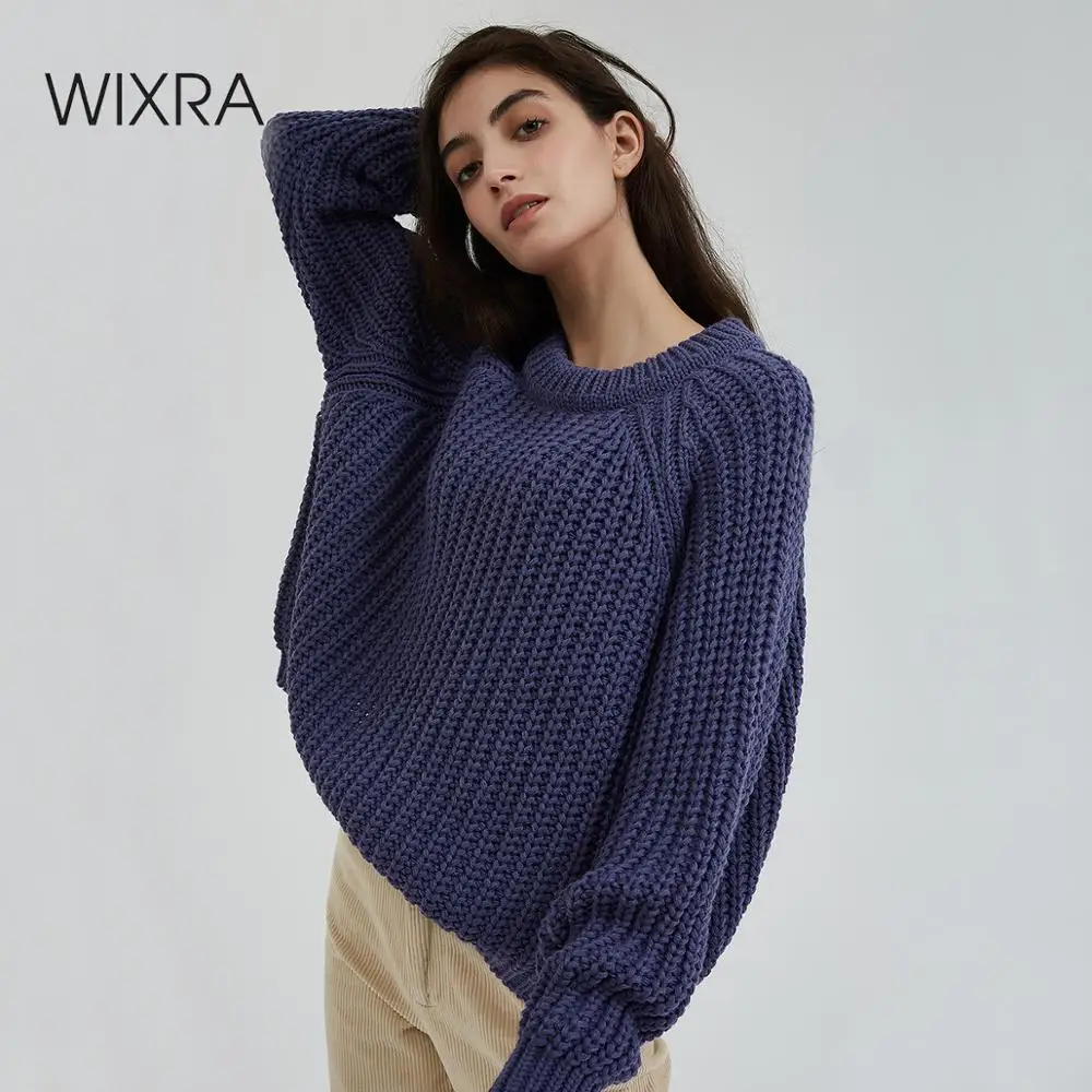 Wixra вязаный массивный свитер большого размера, женский свободный однотонный Толстый Пуловер с круглым вырезом, джемперы, Стильные топы для женщин, Осень-зима